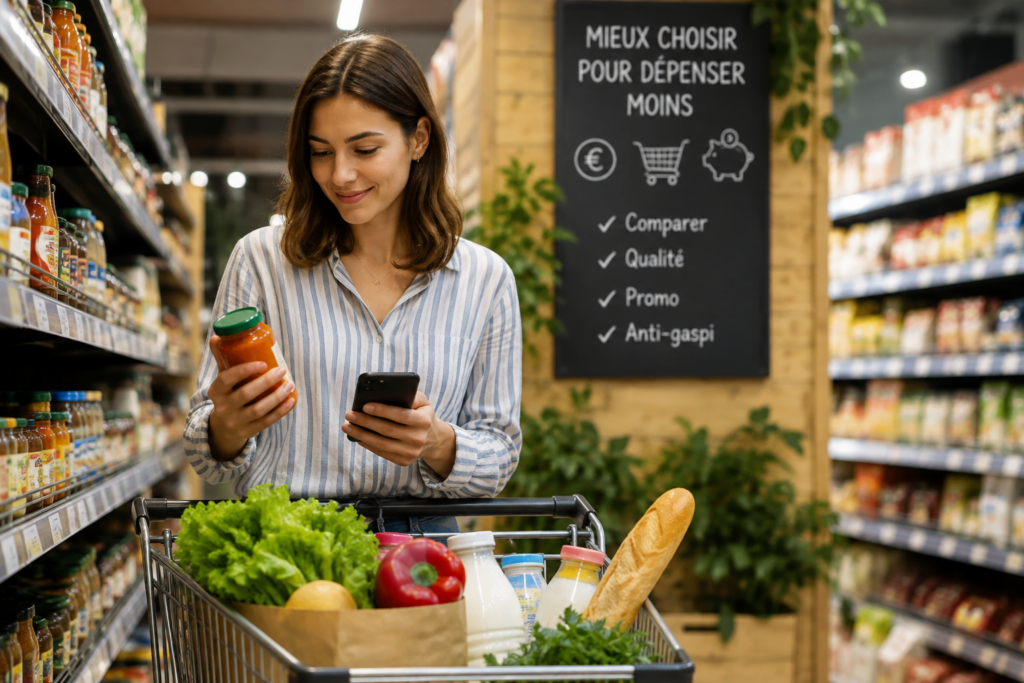 Consommation maline : femme comparant un produit avec son smartphone dans un supermarché