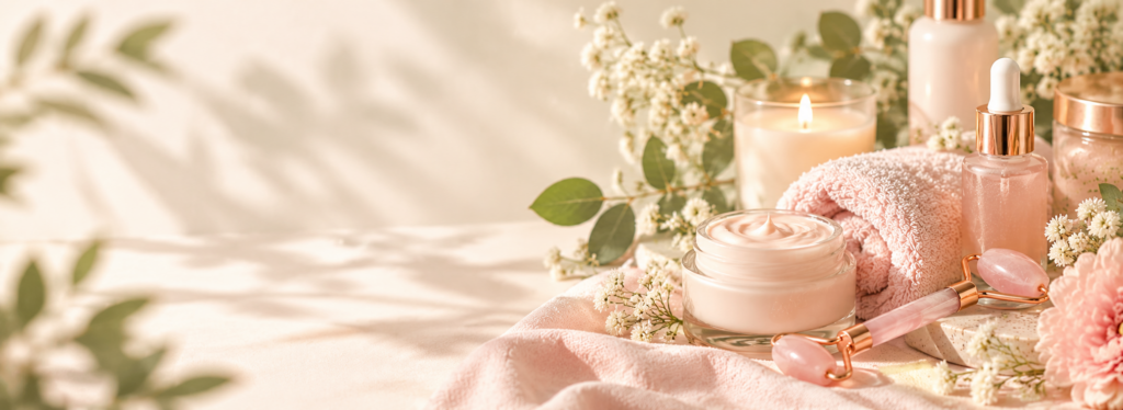Bannière beauté et bien-être avec soins du visage, crème hydratante et accessoires de soin dans des tons beige et rose poudré
